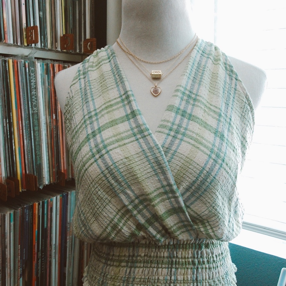 Plaid Sleeveless Blouse - Green and White